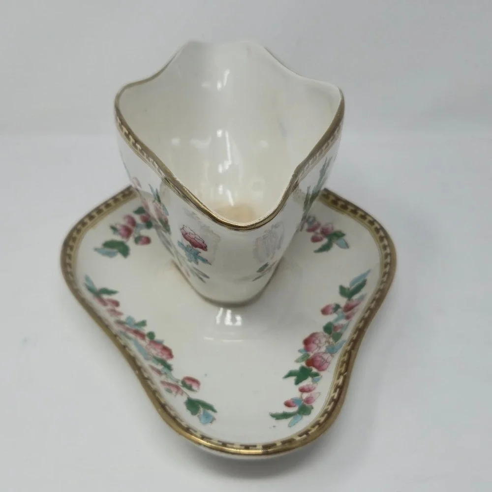 Antique Soho Pottery Indian Tree Gravy Boat Attached Underplate Cobridge England
